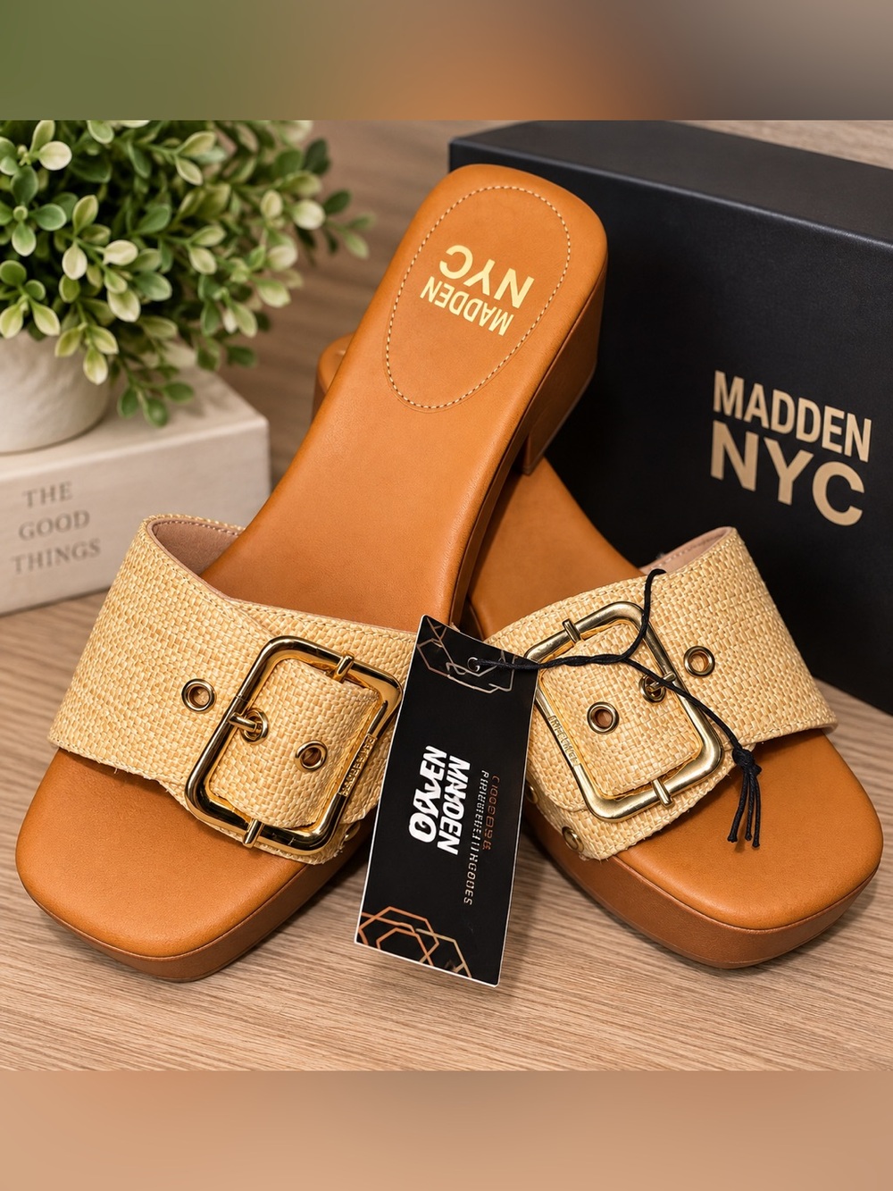 Madden NYC Tan Raffia Buckle Slide Mules